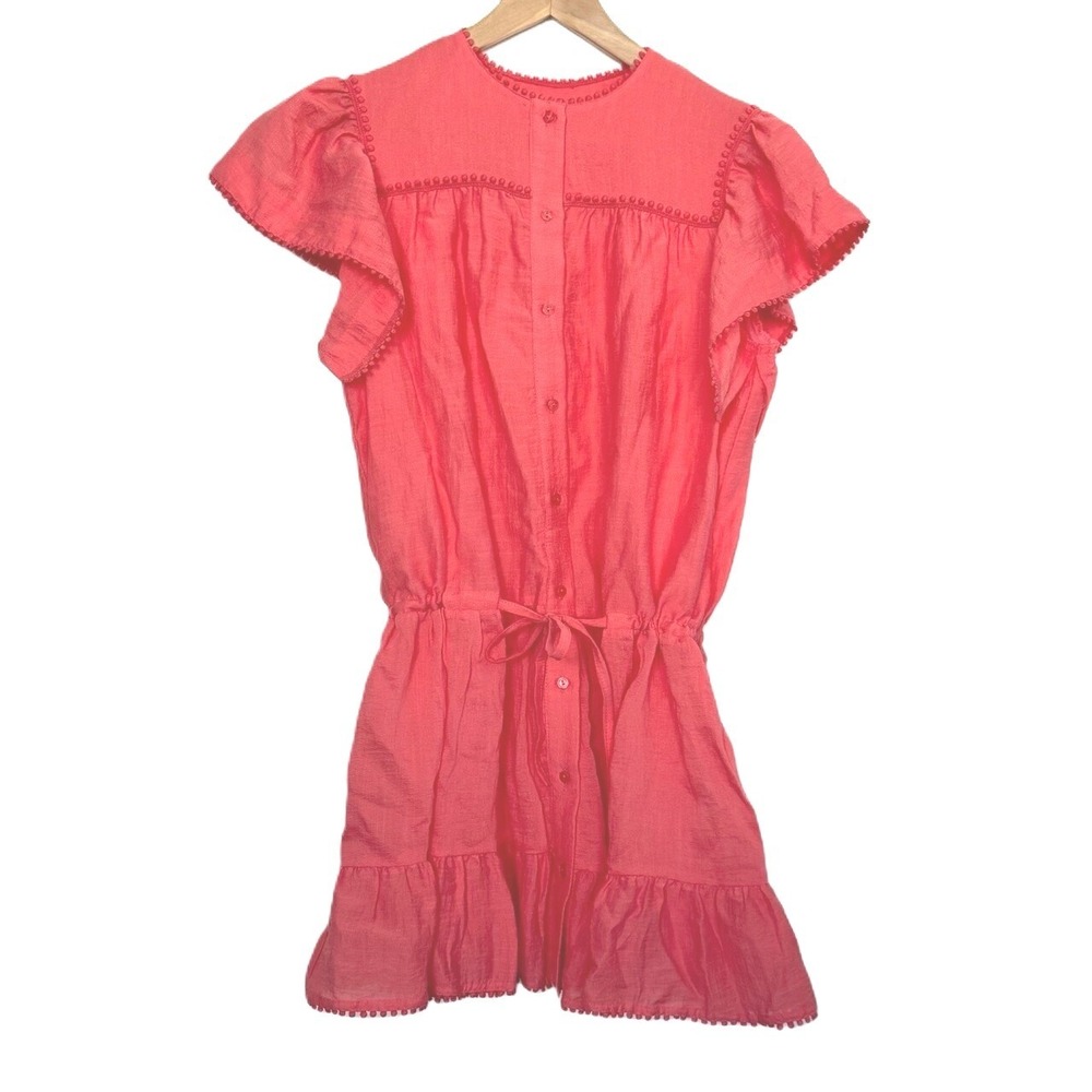 Sabina Musayev Mini Dress Women Medium Pom Pom Trim Ruffle Hem Coral Pink - Picture 3 of 13